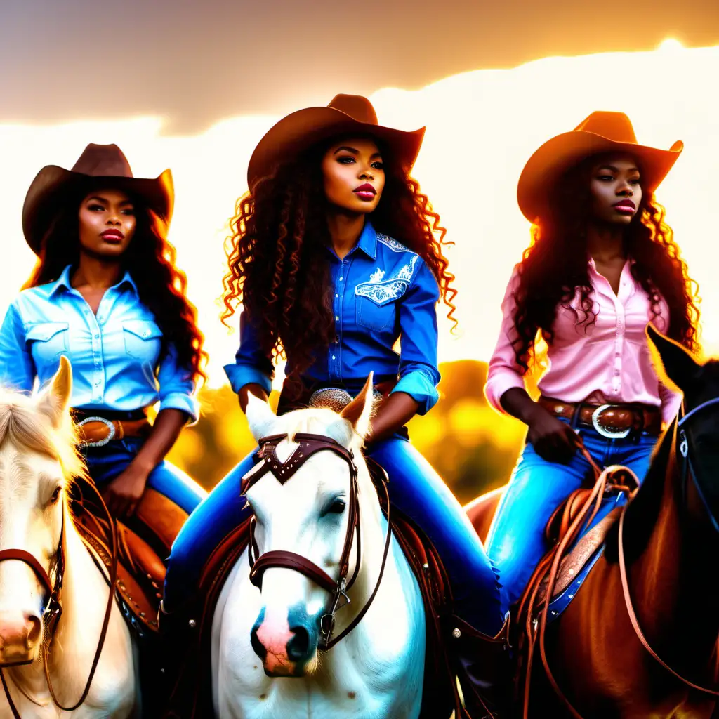 Close up of group of beautiful african american cowgirls with long deep curls in their hair riding their horses from the sunset