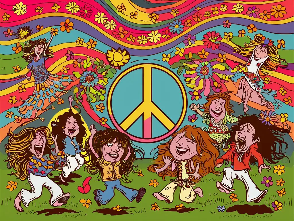 draw a poster for a party. lots of colors and flowers. wavy design. cartoon images of hippies dancing to the sound of music. the rune of peace must be visible