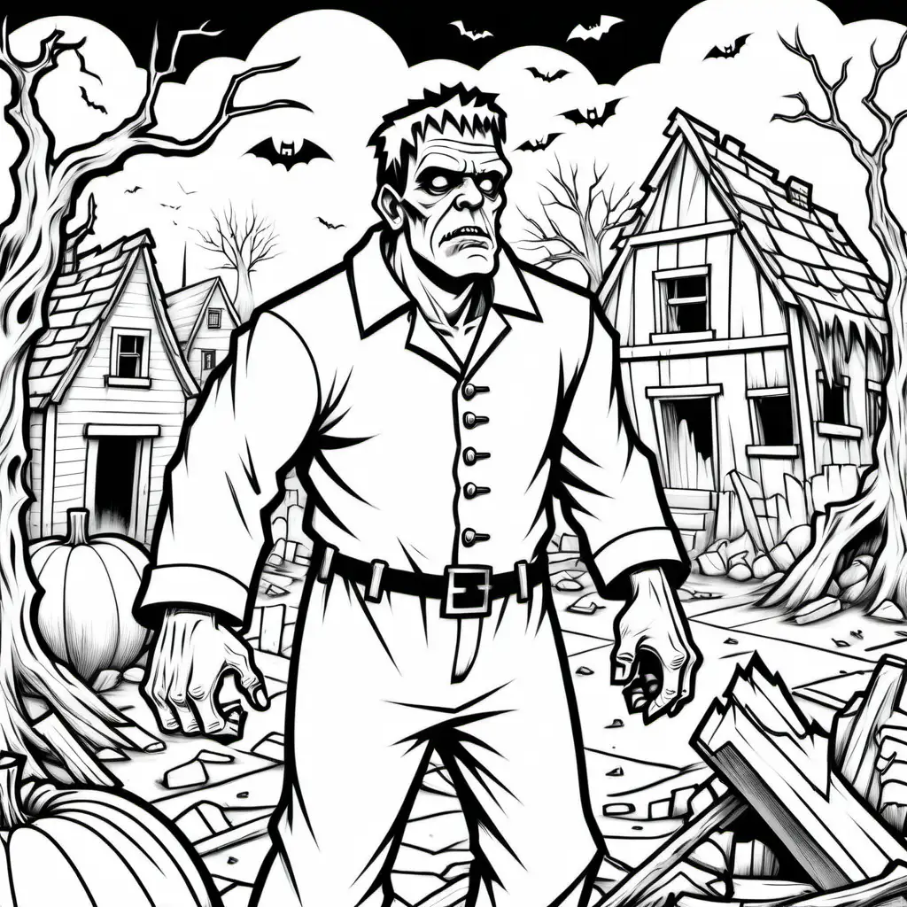 simple white and black coloring book image of frankenstein monster in front of destroyed village at halloween, for coloring