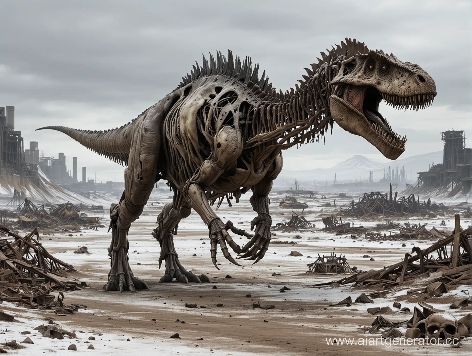 Мутант динозавр во время ядерной зимы ходит по пустошам из человеческих костей