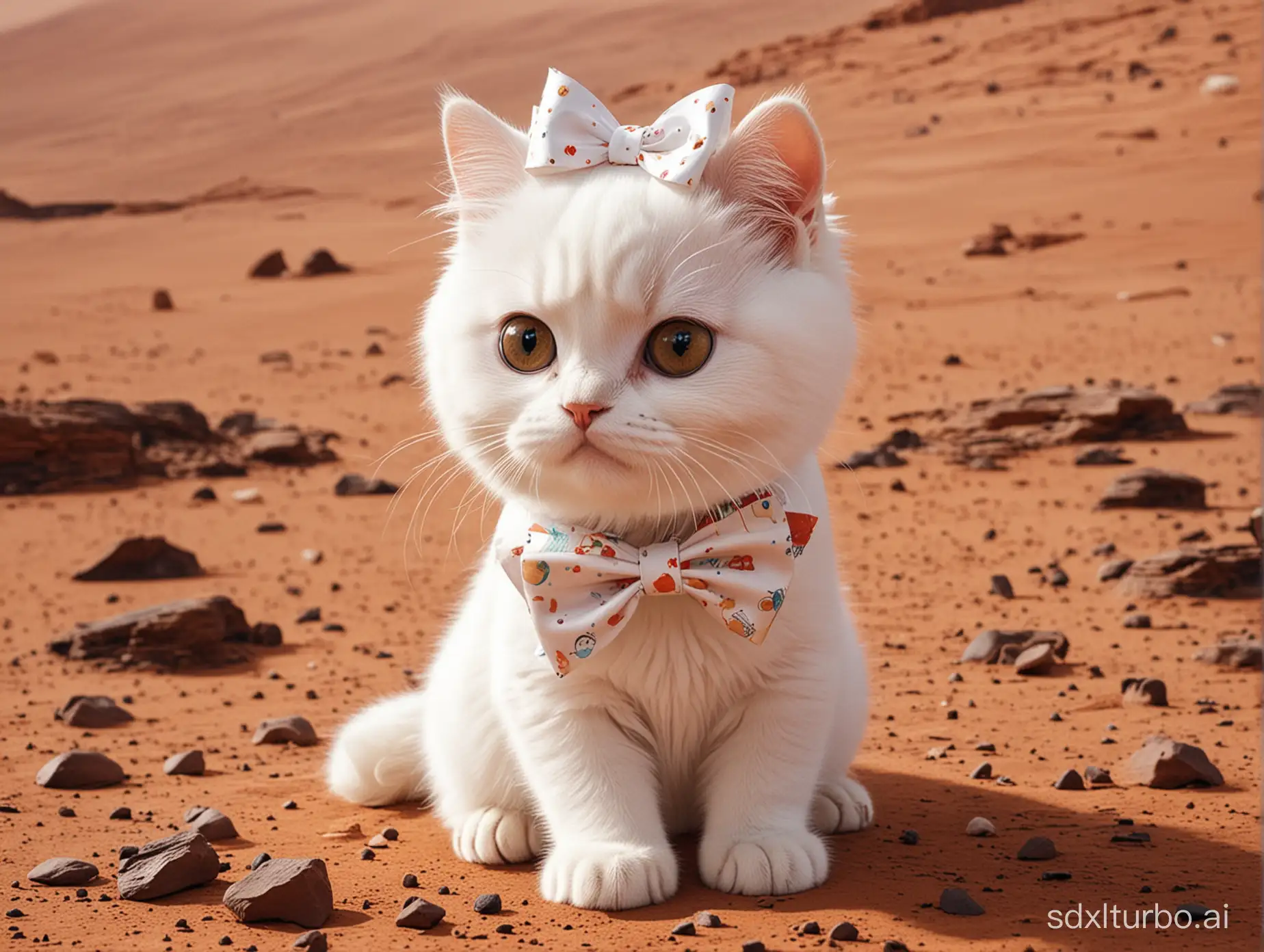 The cute white cat on Mars is wearing a lovely bow.