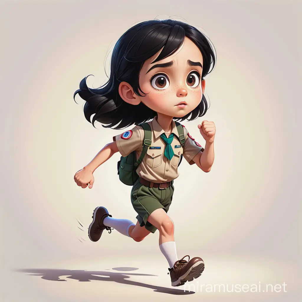 a running male kid have 11 years old , have a black hair , big dark black eyes, round face , light skin , scout uniform, show the full body of her, his eyes are close and he try to think while he is focus. cartoon type . 