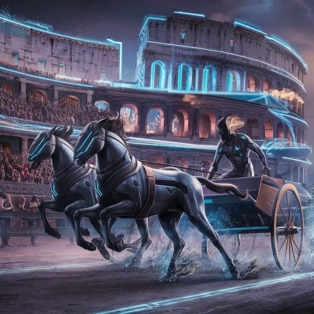 An ancient Greek coliseum hosting a chariot race, but with cybernetic horses.