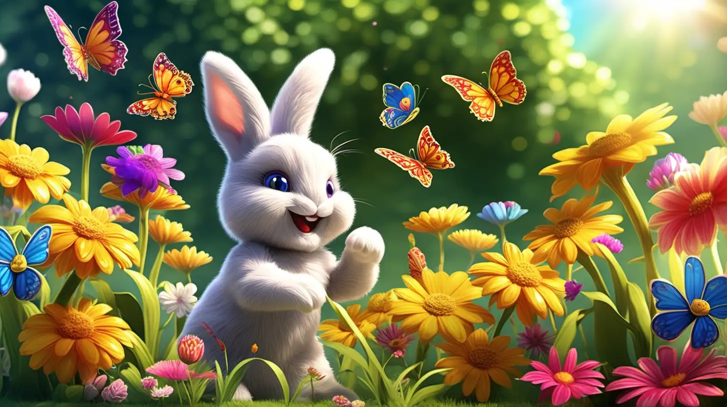 A bright and sunny day, a little bunny named Sunny is playing in a garden filled with colorful flowers and butterflies.