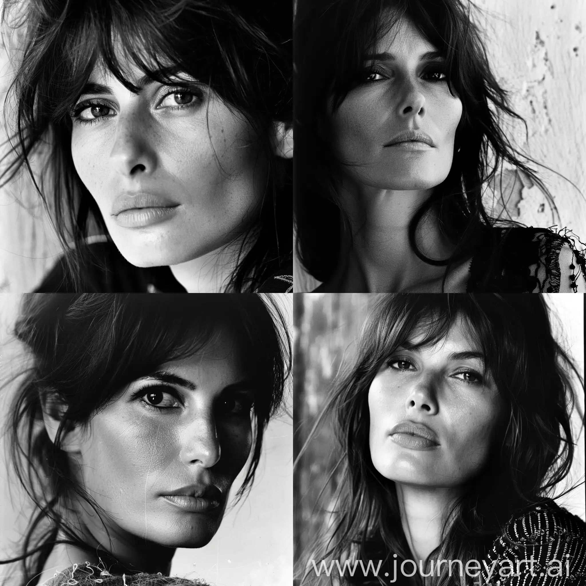 Studio photo portrait of an attractive 40 years old Italian woman, assured and confident expression, deep and captivating eyes, looking at camera, eye contact, cinematic style, shot with Ilford HP5+ 400 ::3 --style raw  --sref https://www.elciudadanoweb.com/wp-content/uploads/2022/02/Monica-Vitti-0.jpg