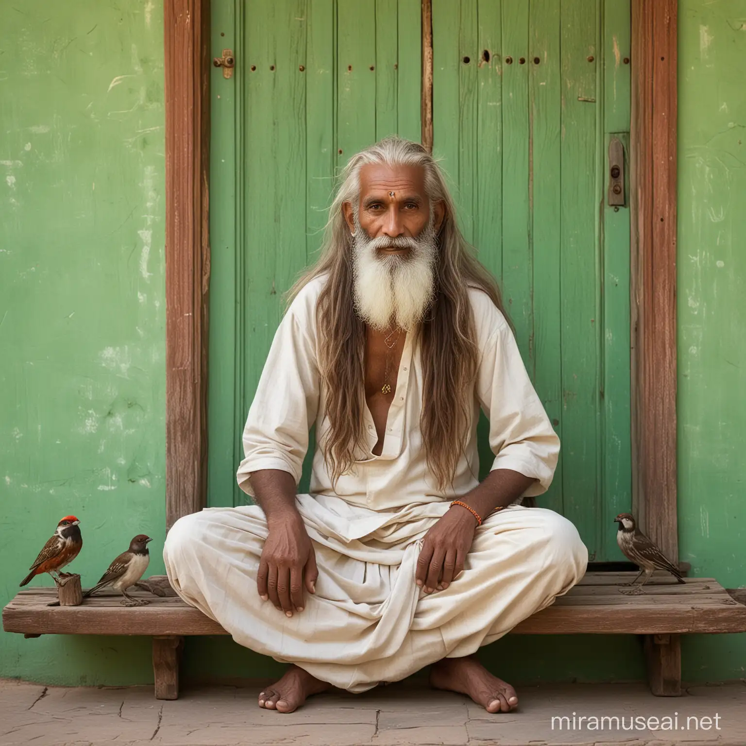 sadhu benares 70 years thin white painted skin brown long hair and beard full total body is sitting on a wooden bench    background a light green wall some birds flying around with old red rajasthan  door 35 mm fuji xt3