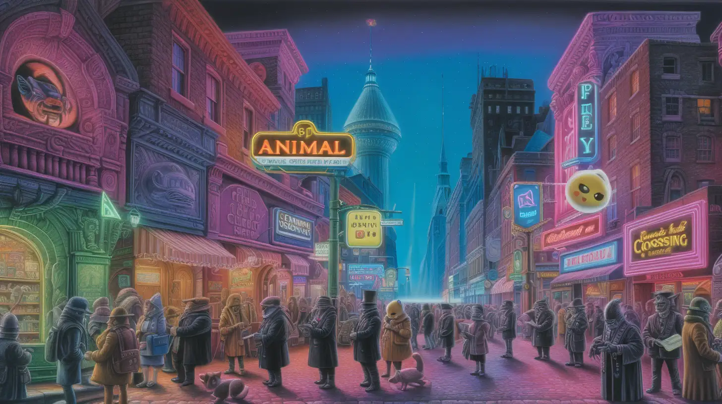art by wayne barlowe,  plasma, by H.R. Giger, Animal Crossing Characters, dramatic color, by john Constable, canvas, city, neon, by John Kenn mortense, tonal colors, busy, constitution