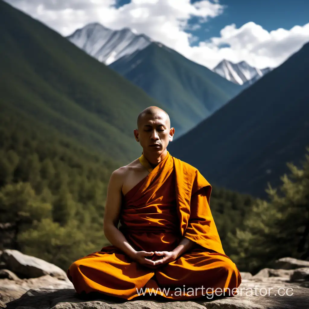 Монах медитирующий в горах. Лицом вперёд. На средней дистанции 