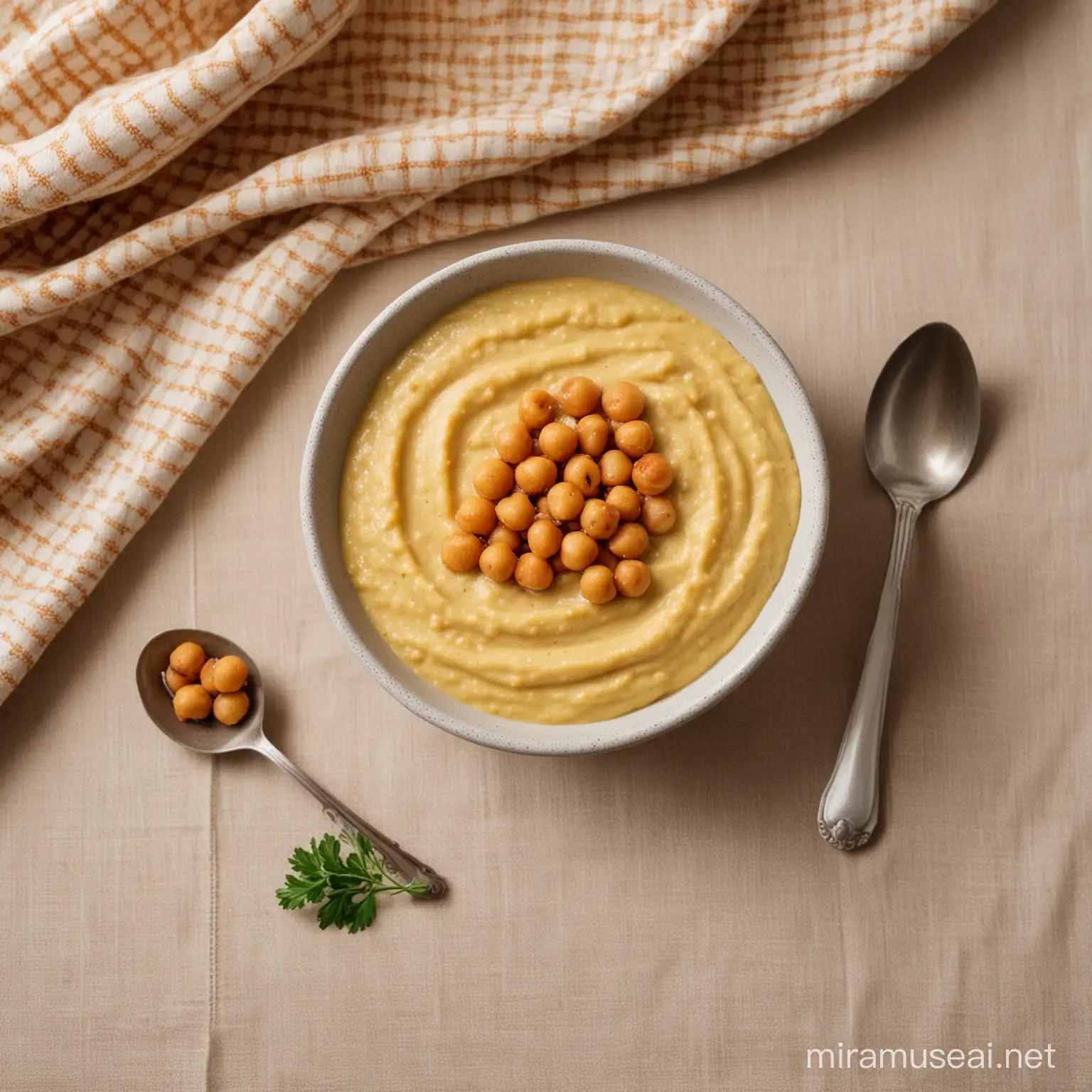 Simple Chickpea Puree in a bowl on a table with a nice tablecloth