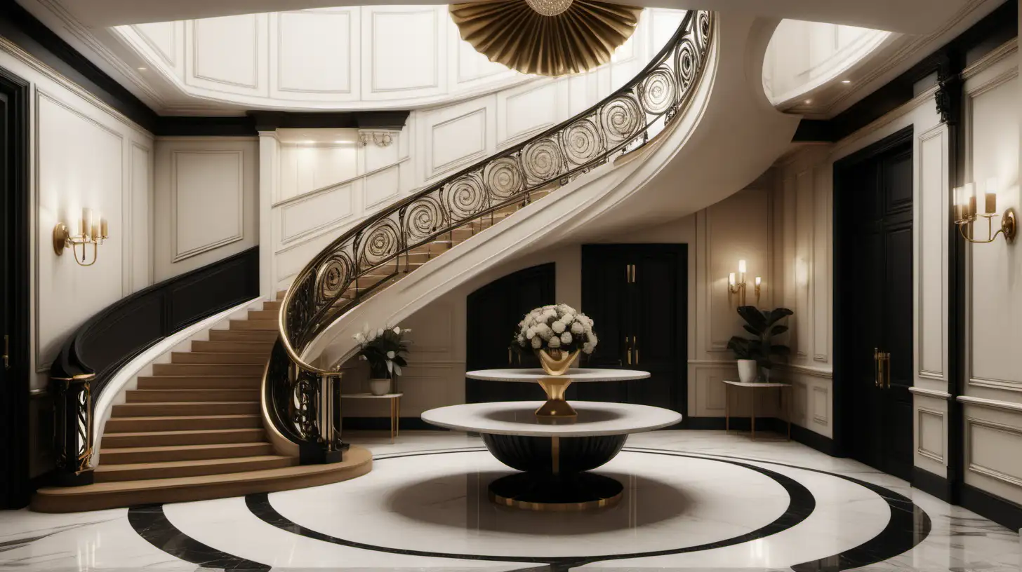 Hyperrealistic Modern Parisian Grand Entrance Foyer with Curved Imperial Staircase