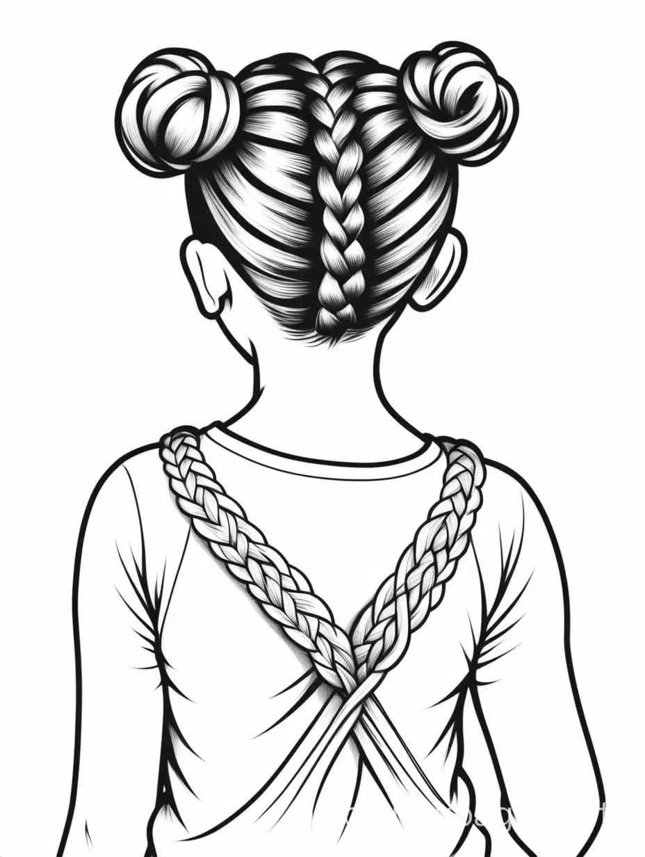 tween GIRL with  braided bun from behind, Coloring Page, black and white, line art, white background, Simplicity, Ample White Space. The background of the coloring page is plain white to make it easy for young children to color within the lines. The outlines of all the subjects are easy to distinguish, making it simple for kids to color without too much difficulty