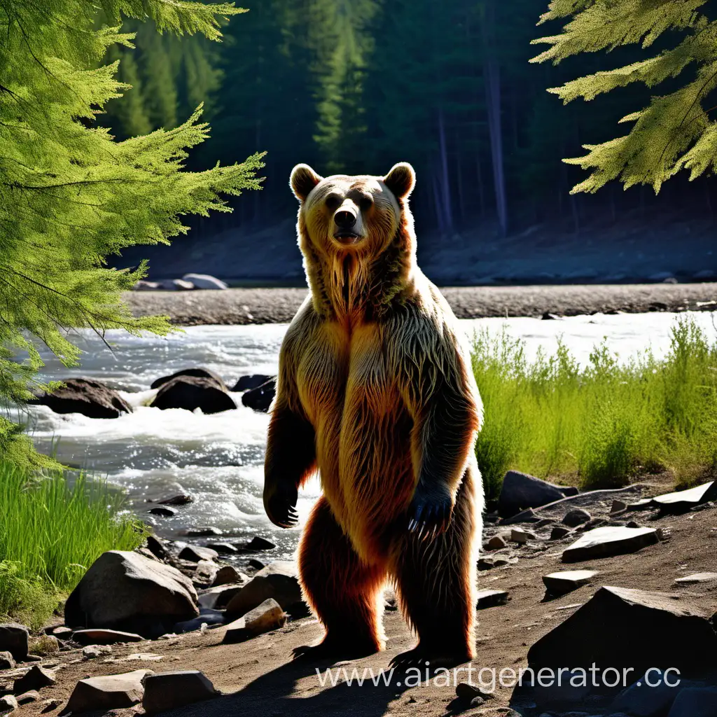 Медведь в солнечном лесу около реки