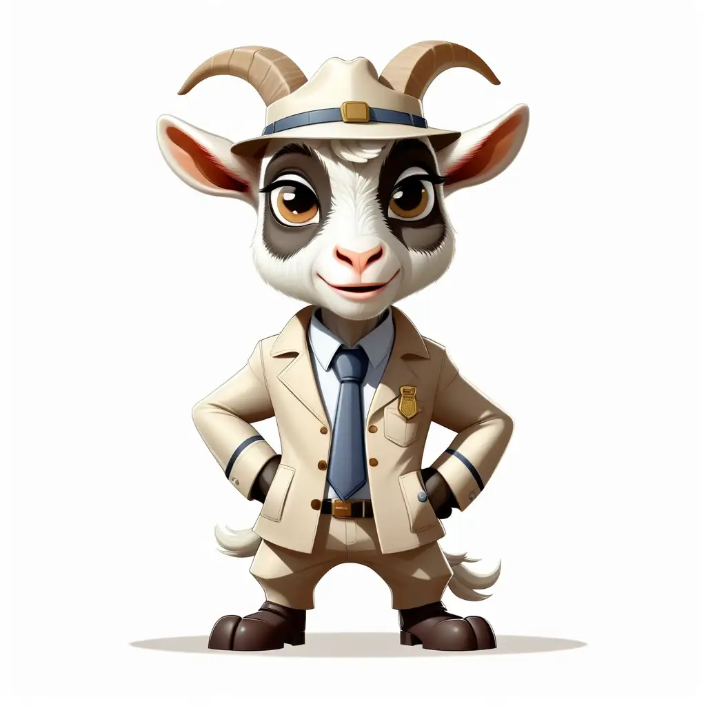 a cute goat in cartoon style with Detective clothes full body clipart with white background
