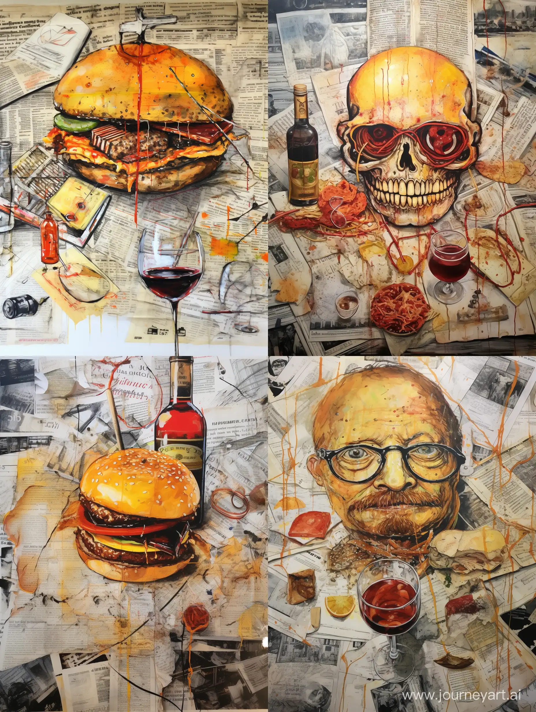big fat burger with a half bitten medal on top, fries on a side. ketchup and mustard stains, cigarette butts lying around, big square glass of bourbon nearby, everything is standing on pages of manuscipt, view from above, no background, ralph steadman style