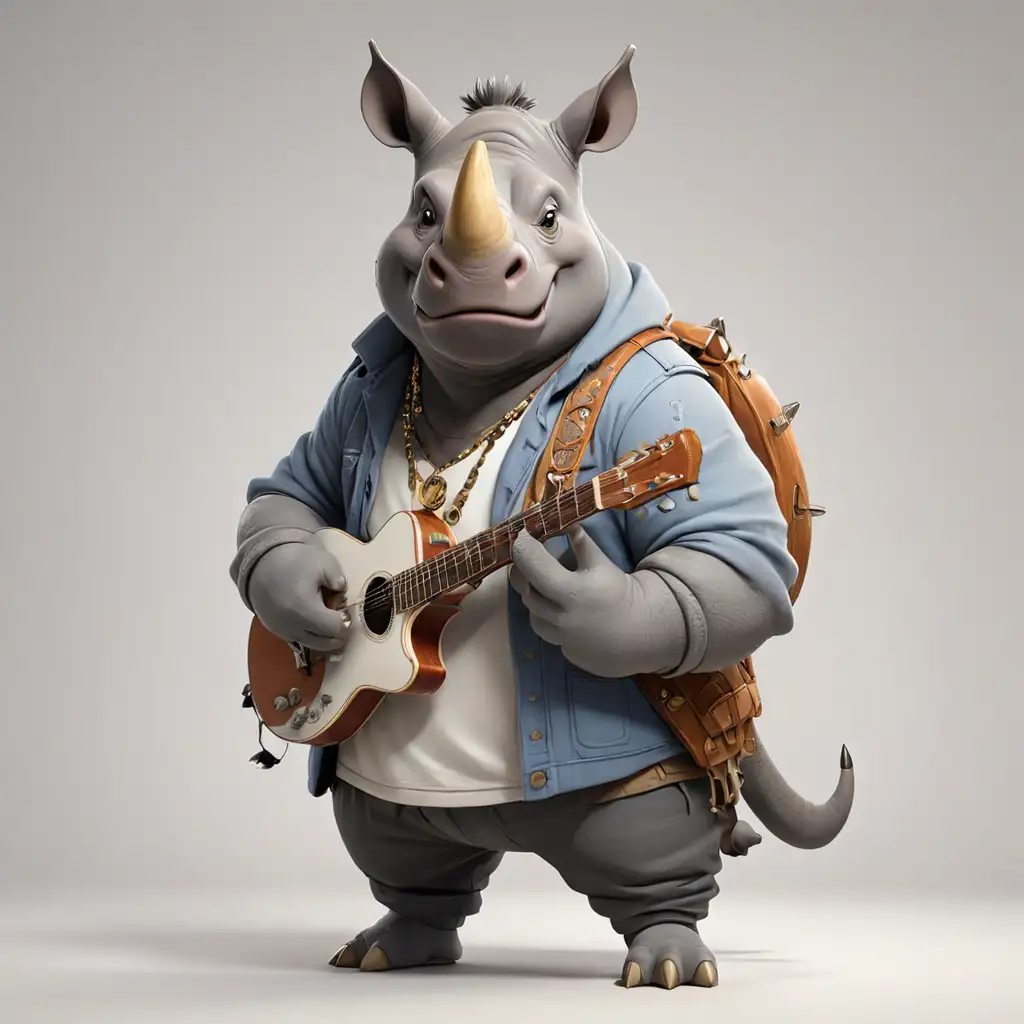 A rhinoceros, in cartoon style, full body, Musician clothes, with white background