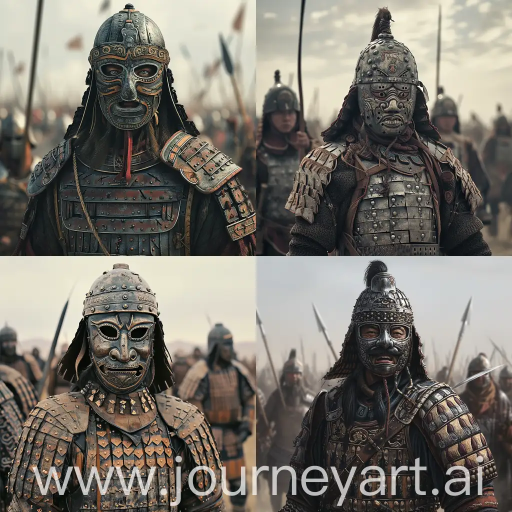 Steppe warrior at battle field depicted with lamellar armor and war mask helmet which has facial features such as eyes, large nose, and mouth, adding to their menacing appearance.