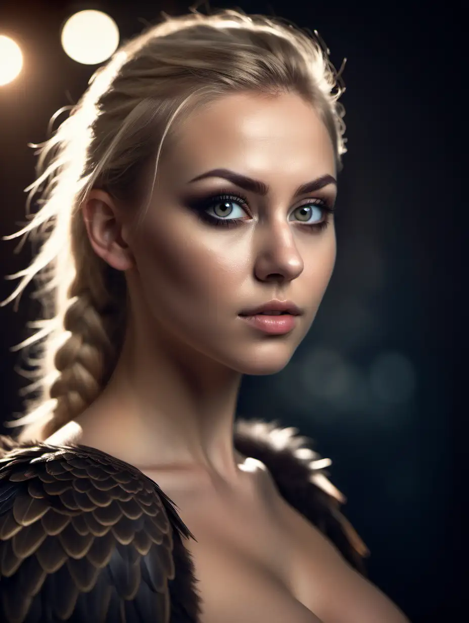 Beautiful Nordic woman, very attractive face, detailed eyes, big breasts, slim body, dark eye shadow, a half human half eagle hybrid, close up, bokeh background, soft light on face, rim lighting, facing away from camera, looking back over her shoulder, photorealistic, very high detail, extra wide photo, full body photo, aerial photo