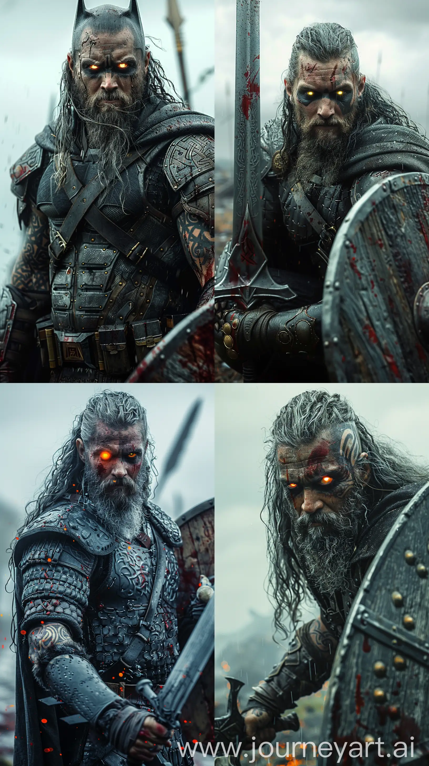 Full body of a fierce batman viking warrior  with great sword and shield and glowing eyes prepares for battle on a battle zone focuses on the viewer, face tattoo bloody environment, the weather is overcast. the male
warrior has long gray hair, Soggy. --ar 9:16 --v 6.0 --stylize 750 