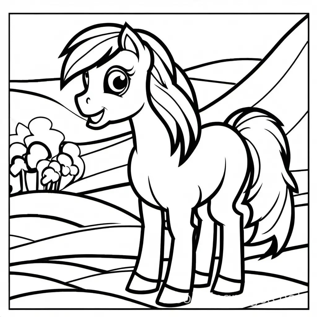 pony, Coloring Page, black and white, line art, white background, Simplicity, Ample White Space. The background of the coloring page is plain white to make it easy for young children to color within the lines. The outlines of all the subjects are easy to distinguish, making it simple for kids to color without too much difficulty