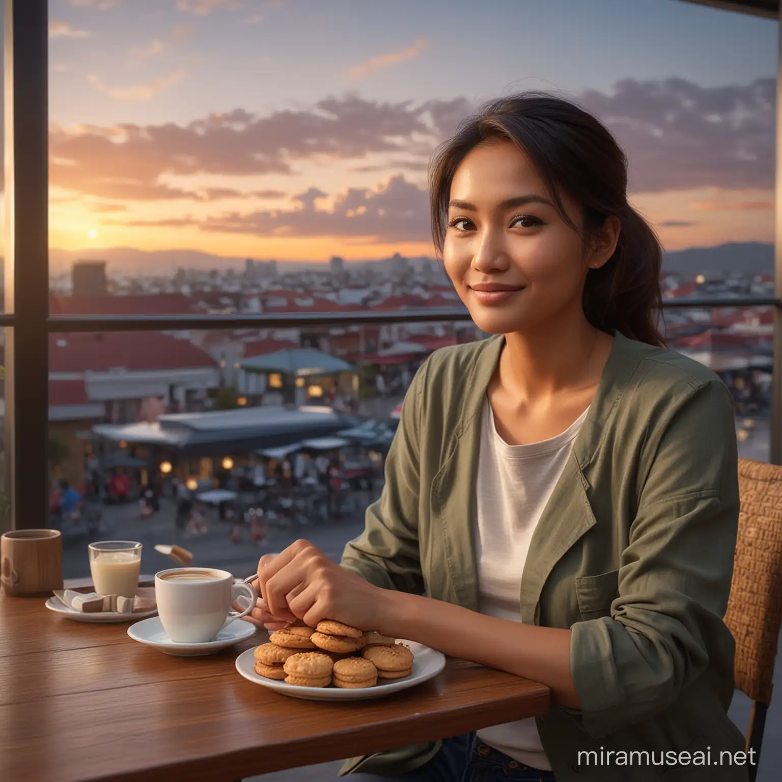 Create a photo-realistic image of a 30-something-year-old, good-looking Indonesian woman sitting alone in a cafe chair. In front of her is a cup of coffee and a small plate of cookies. The location is a cafe with a view of the sunset in the afternoon.