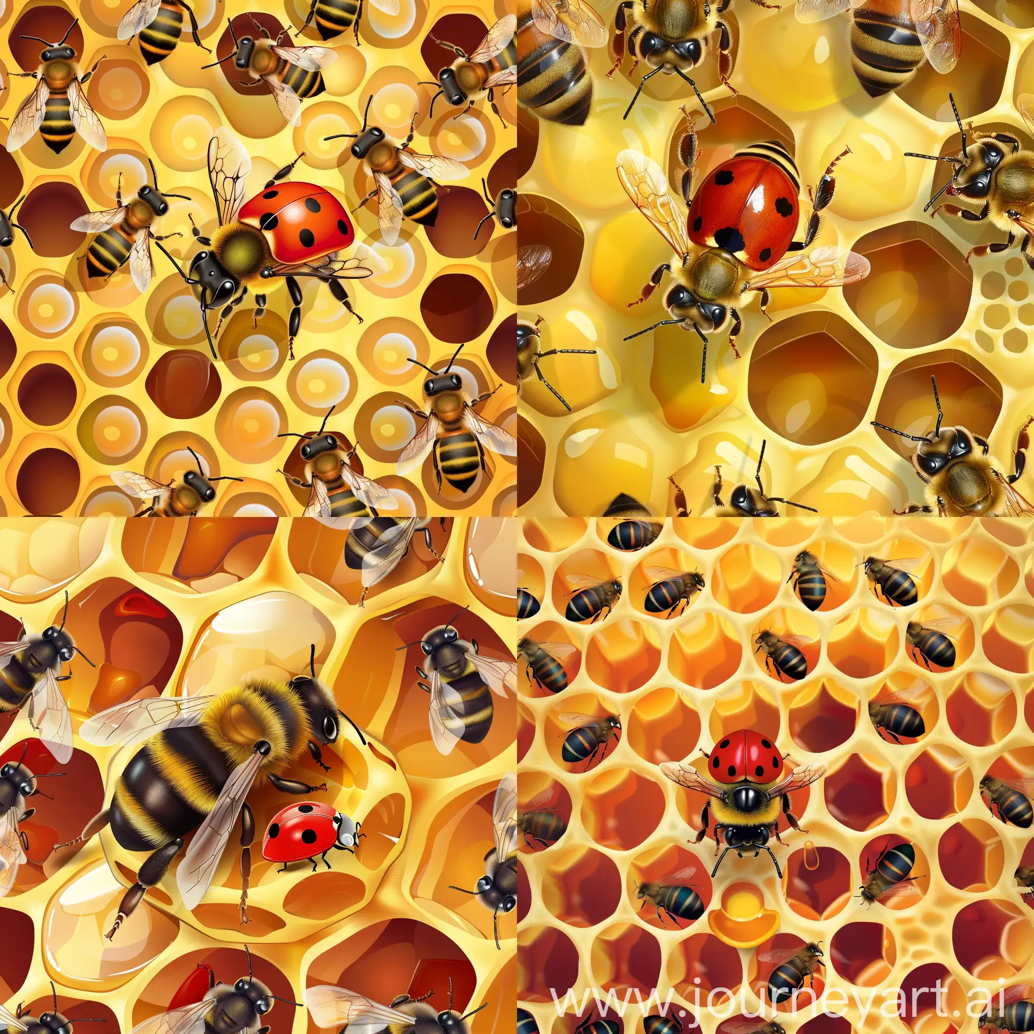 one bee, ladybug on honeycomb, surrounded by bees, closeup, in vector style, high quality