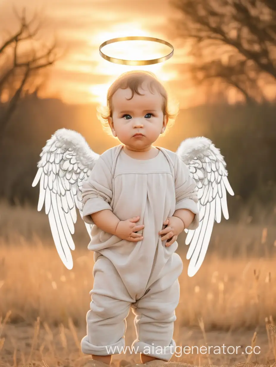 мальчик 1 год ангел с крыльями с нимбом фон природа закат