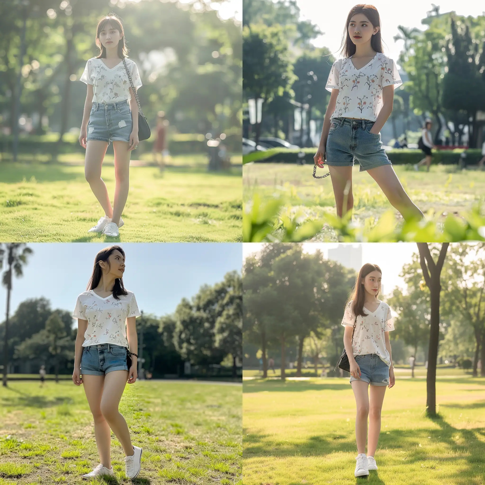 Youthful-Girl-in-Floral-TShirt-and-Denim-Shorts-Walking-Under-Sunlight