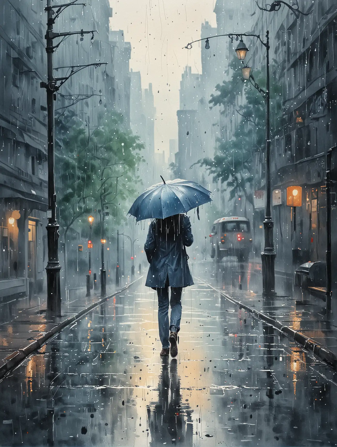 Serene Watercolor Rain Painting