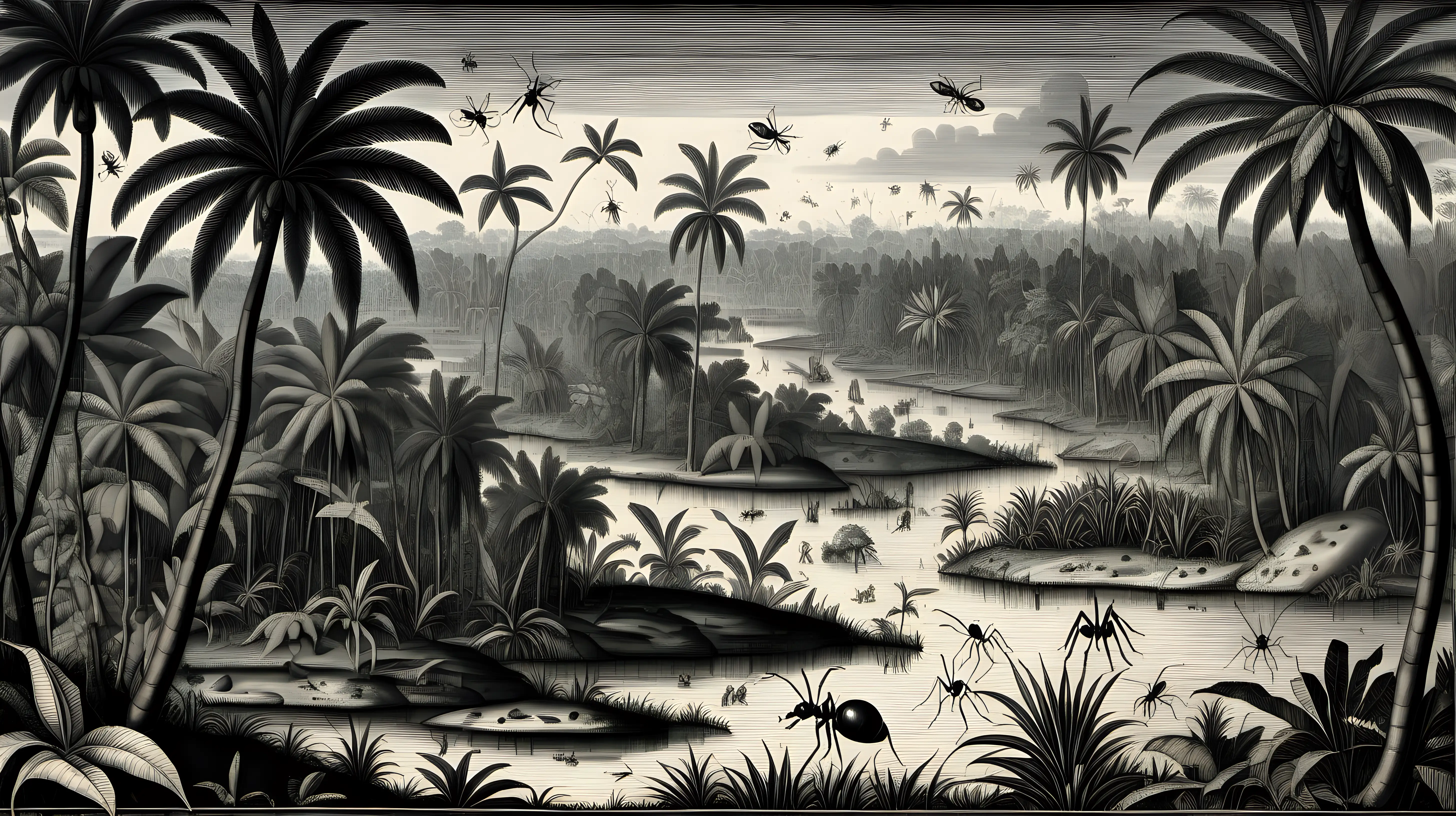 A 16th century Amazonian landscape by the river. It is raining and very humid in the wet jungle. On the shores there are thousands of ants, spiders, and other crawling insects. In the style of Theodore de Bry, without any text captions. Duotone