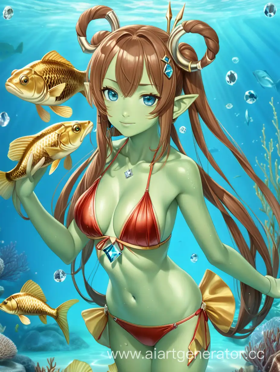 anime girl-amphibian, with light green skin, underwater, in red and golden bikini, with fish shaped ears, light blue eyes, brown double bun hair, holding a diamond trident