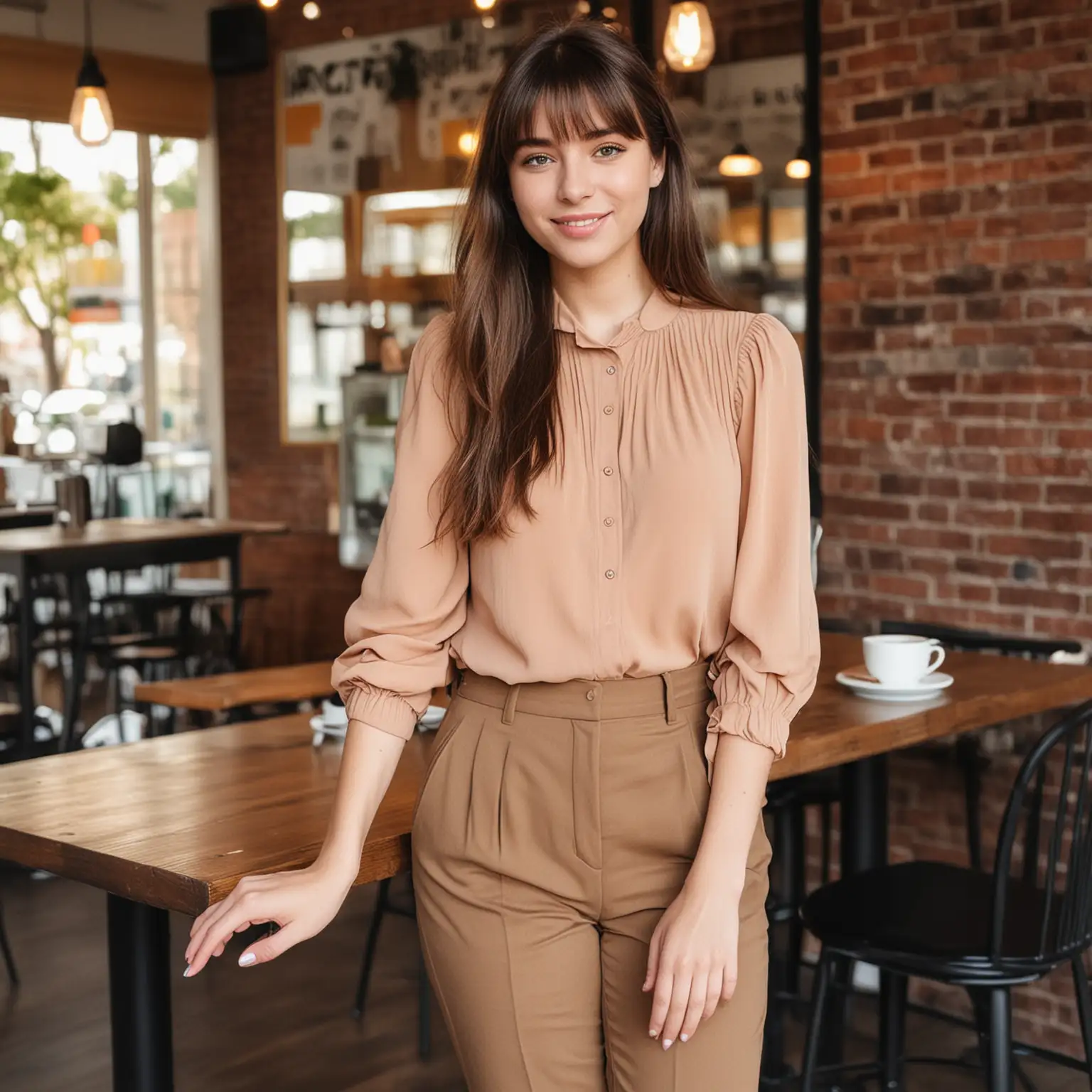 brown hair with bangs teenage girl with  blouse and black  relaxed fit pants for a job interview at coffee shop. should look like a teen girl