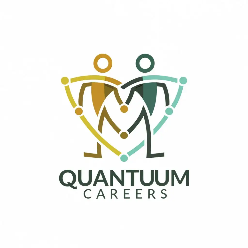 a logo design,with the text "quantum careers", main symbol:main symbol is two abstract figures in the center back to back each other standing taller with several other figures besides them showing partnership and professionalism. Lines or nodes connecting the two center figures to others signifying networking, cooperation and bridging gaps within the workforce sectors. The colour should be a shade of green showing growth, harmony and success with rose and yellow tones to show energy and dynamism. The company name should be with clean, streamlined fonts to communicate modernity.,Moderate,clear background