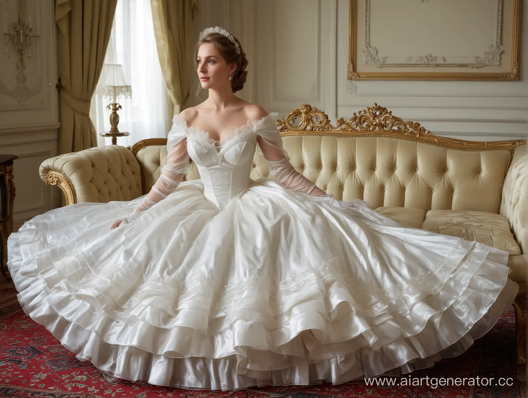 Elegant-25YearOld-Bride-in-Luxurious-Organza-Dress-and-Satin-Gloves-Sitting-in-Palace-Setting