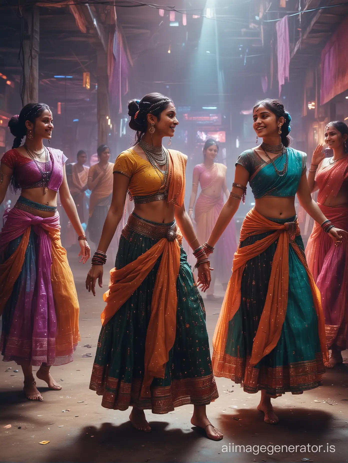 Cyberpunk. Future. India. Girls dance in Indian dresses. Lots of colors and light. Everyone is happy