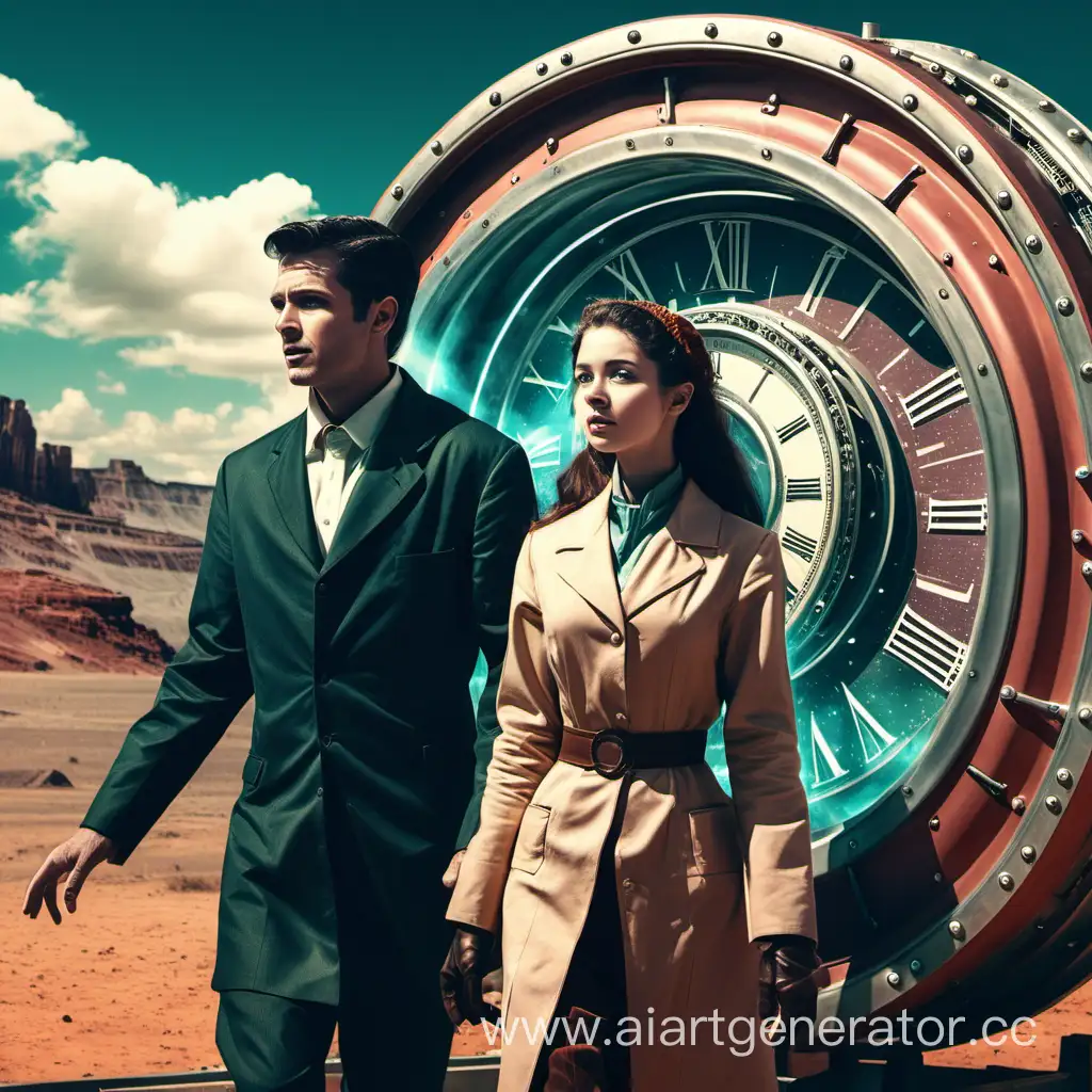 Мужчина и женщина на машине времени  смотрят из прошлого в будущее