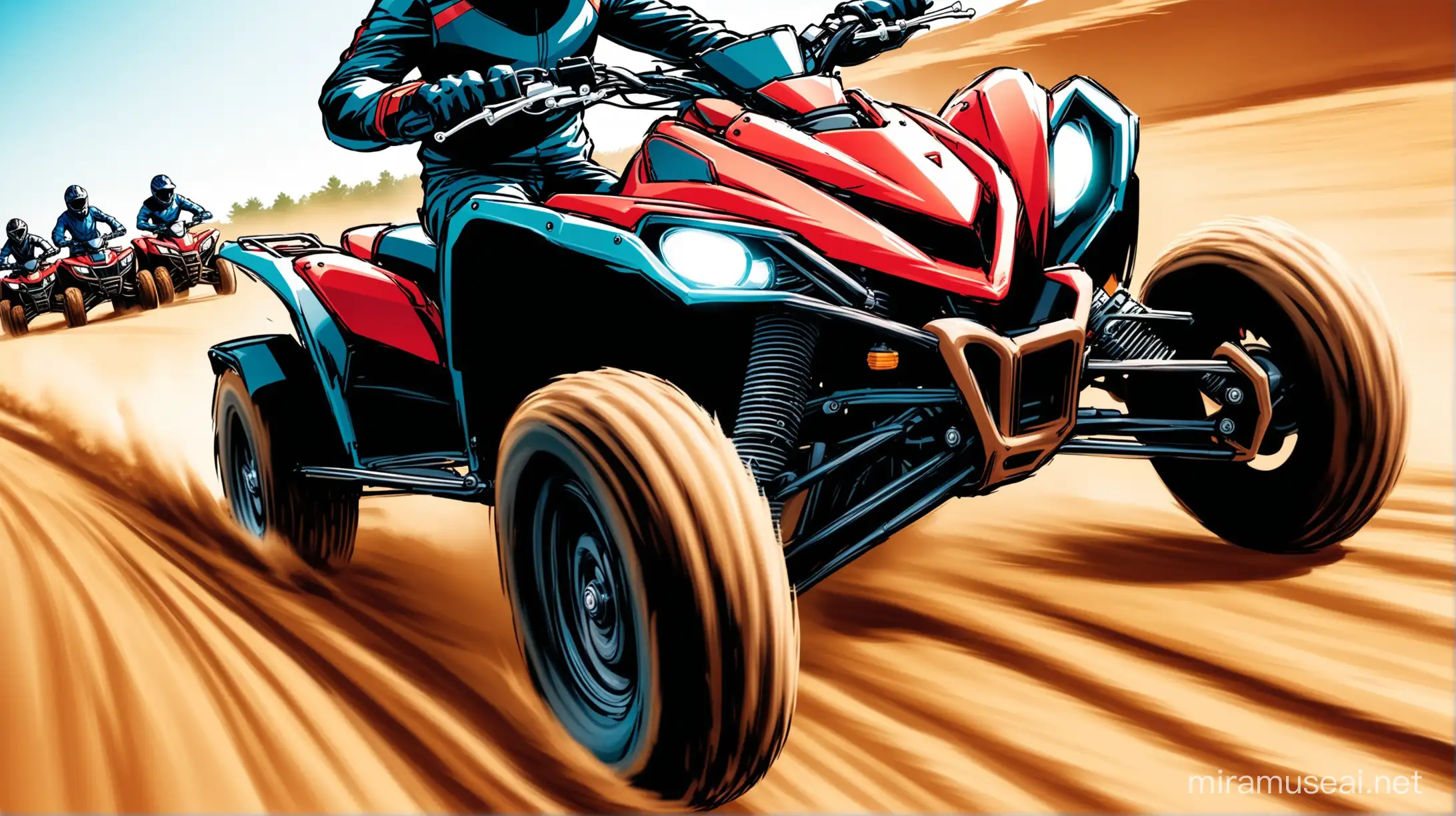 Стилизованная красочная динамичная фотография едущих рядом в паре двухколесного мотоцикла и квадроцикла. Крупный план. Обложка