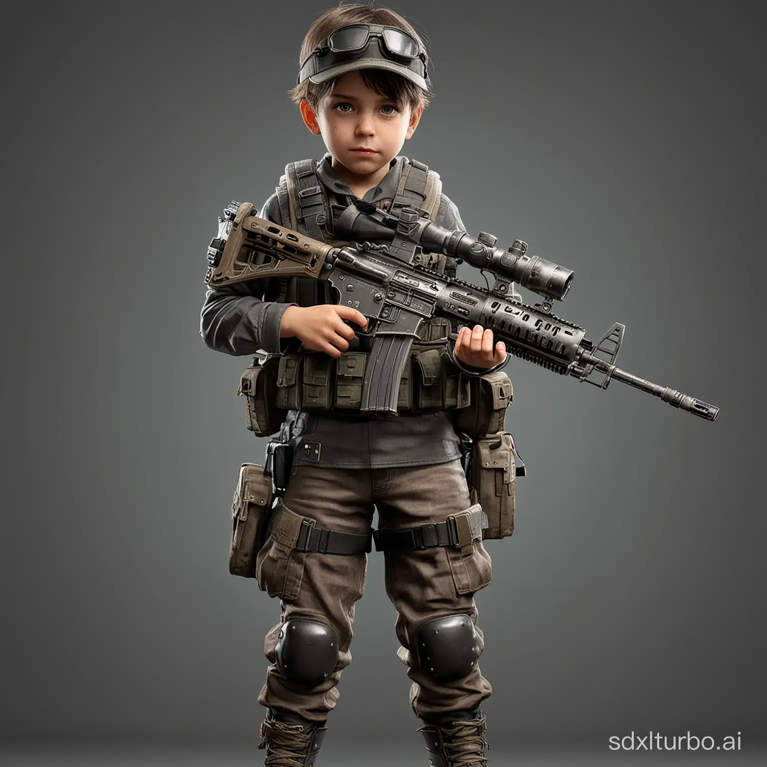 Little child pubg character with masculine face, wearing full armor and ransel with assault rifle m416, game character, stands at full height