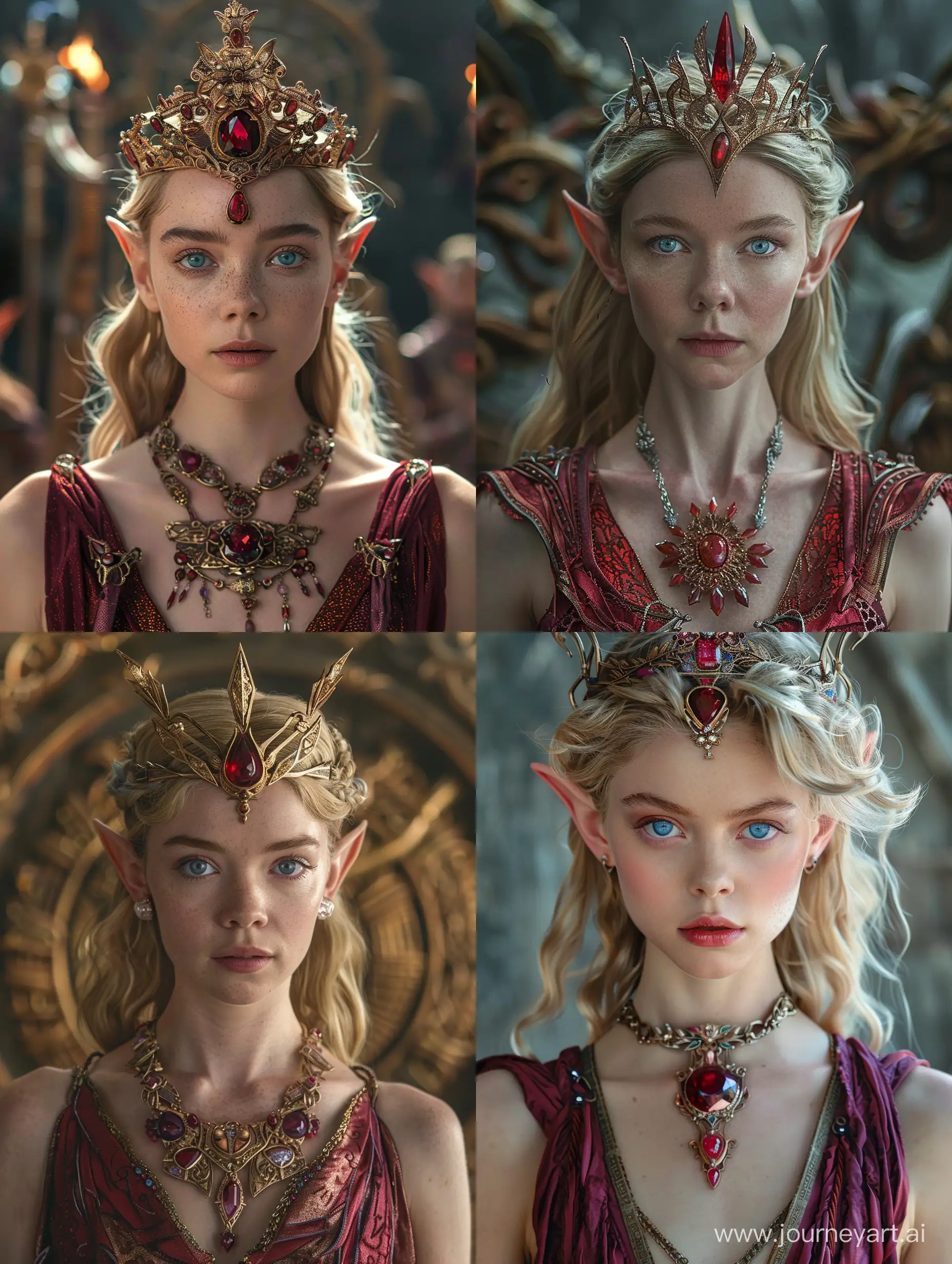 Vanessa Kirby as a youthful elf queen with Sleeveless crimson robes and blue eyes and blonde hair and an elaborate Ruby necklace and tiara