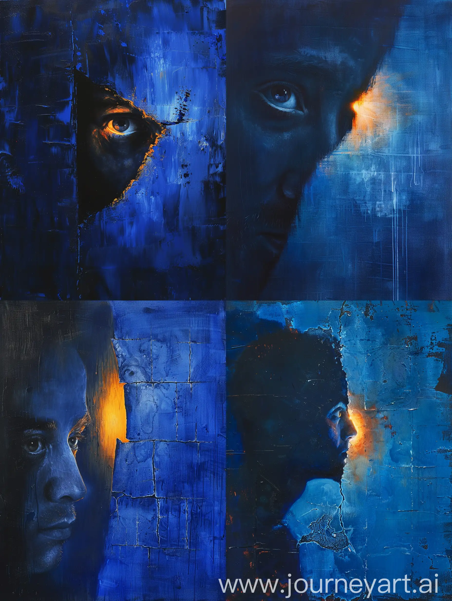 Introspective-Man-Gazing-into-Glowing-Tear-on-Blue-Canvas