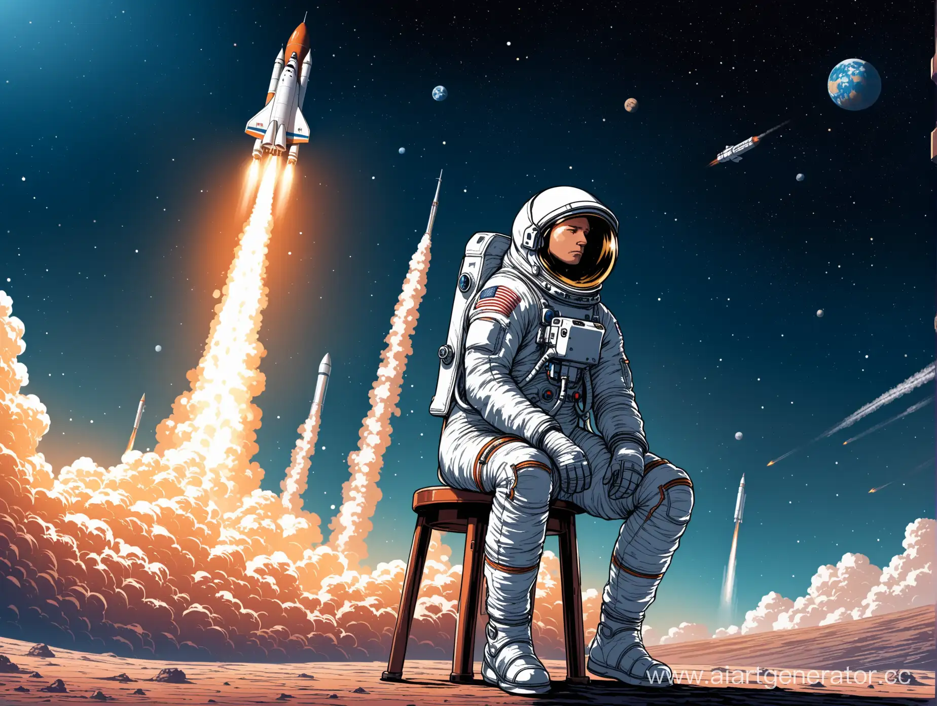 Космонавт приуныл, сидя на табуретке, на фоне взлетающей ракеты.