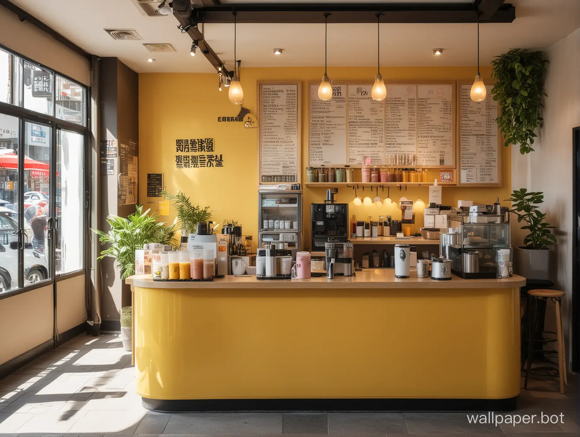 A sunny bubble tea shop counter, tidy, with the perspective kept directly facing the front
