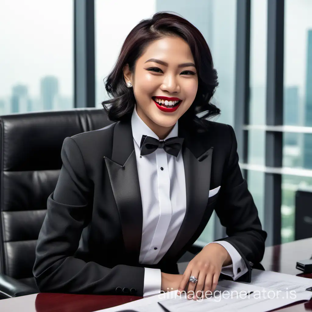 A sophisticated and confident Malaysian woman with shoulder length hair and lipstick is seated behind a large desk.  She is the boss. She is wearing a black tuxedo with a black jacket.  Her shirt is white with double French cuffs and a wing collar.  Her bowtie is black.  Her cufflinks are silver.  She is smiling and laughing.