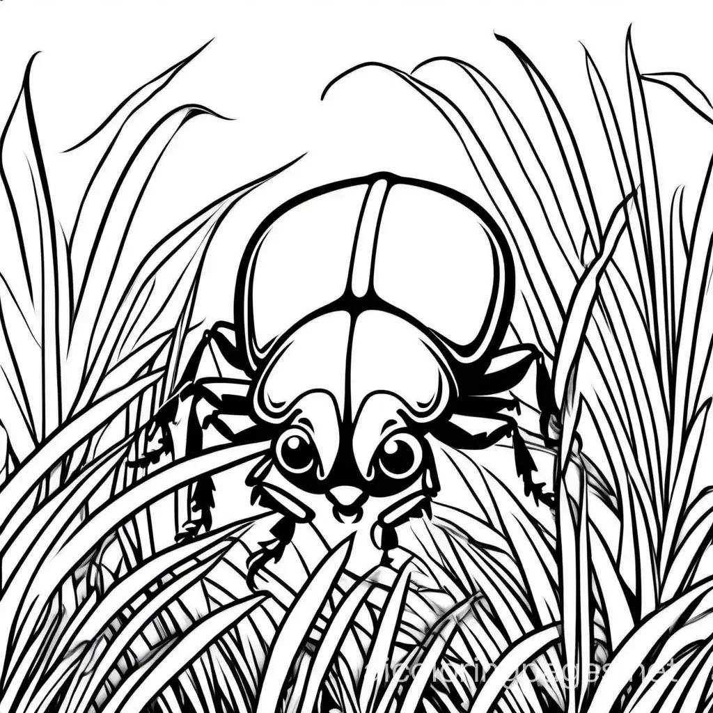 beetle in the grass, Coloring Page, black and white, line art, white background, Simplicity, Ample White Space. The background of the coloring page is plain white to make it easy for young children to color within the lines. The outlines of all the subjects are easy to distinguish, making it simple for kids to color without too much difficulty