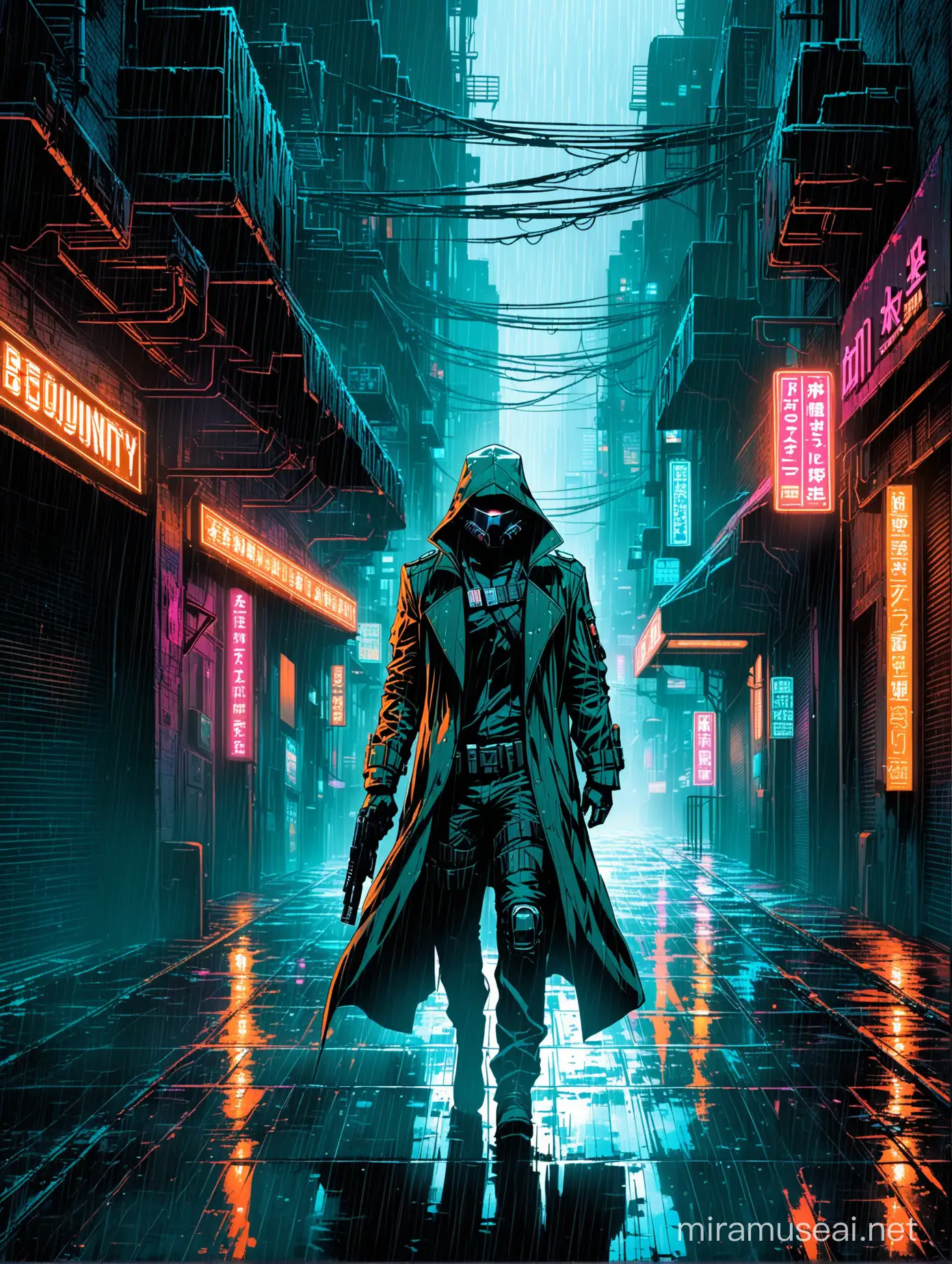 
Title: "Rainy Alley: A Dystopian Bounty Hunt"

Design Elements:

The poster features a gritty, noir-inspired scene reminiscent of "Blade Runner."
Set in a rain-soaked alleyway, the atmosphere is dark and moody, with the flickering glow of neon signs reflecting off the wet pavement.
In the center of the scene stands a dystopian bounty hunter, clad in a trench coat and equipped with futuristic weaponry, reminiscent of characters from the cyberpunk genre.
The bounty hunter is illuminated by the neon lights, casting dramatic shadows against the alley walls.
Behind the bounty hunter, the alley stretches into the distance, disappearing into the darkness of the cityscape.
The rain is depicted using streaks of white lines, adding movement and depth to the scene.
The color palette is dominated by deep blues, grays, and oranges, creating a sense of urban decay and desolation.