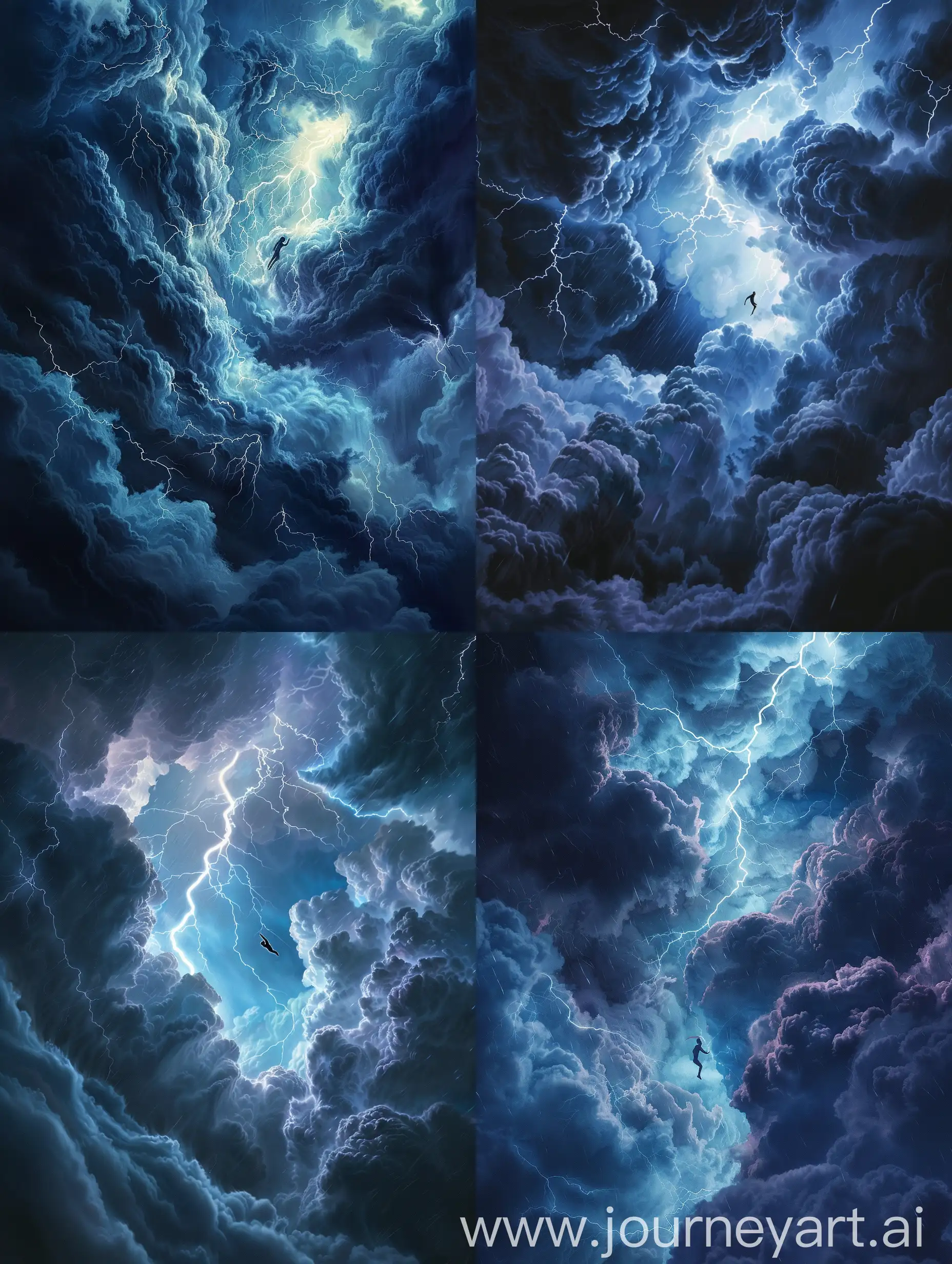  The scene unfolds against the backdrop of a foreboding and darkened sky, where billowing clouds of deep indigo and charcoal swirl ominously. The atmosphere is charged with an electric tension as bolts of lightning streak across the heavens, illuminating the turbulent clouds with brief, intense flashes. The air crackles with energy, and the thunderous echoes resonate through the darkness.  In the midst of this tempest, a solitary human silhouette emerges, rising skyward. The figure is defined by stark contrasts, standing out as a stark outline against the chaotic canvas of the stormy night. The person appears to be ascending, defying gravity and earthly constraints, as if propelled by an unseen force or a profound internal strength.  The silhouette is engulfed in the flickering brilliance of the lightning, casting dynamic shadows that dance upon the canvas of the dark sky. The contours of the human form are highlighted in fleeting moments, revealing a sense of determination and resilience in the face of the tumultuous surroundings.  The overall scene evokes a sense of both awe and trepidation, as the human figure defies the darkness and ascends towards the unknown. The juxtaposition of the fragile yet determined silhouette against the chaotic backdrop of the storm creates a powerful and mysterious narrative, leaving the viewer to ponder the significance of this ascent in the face of adversity.