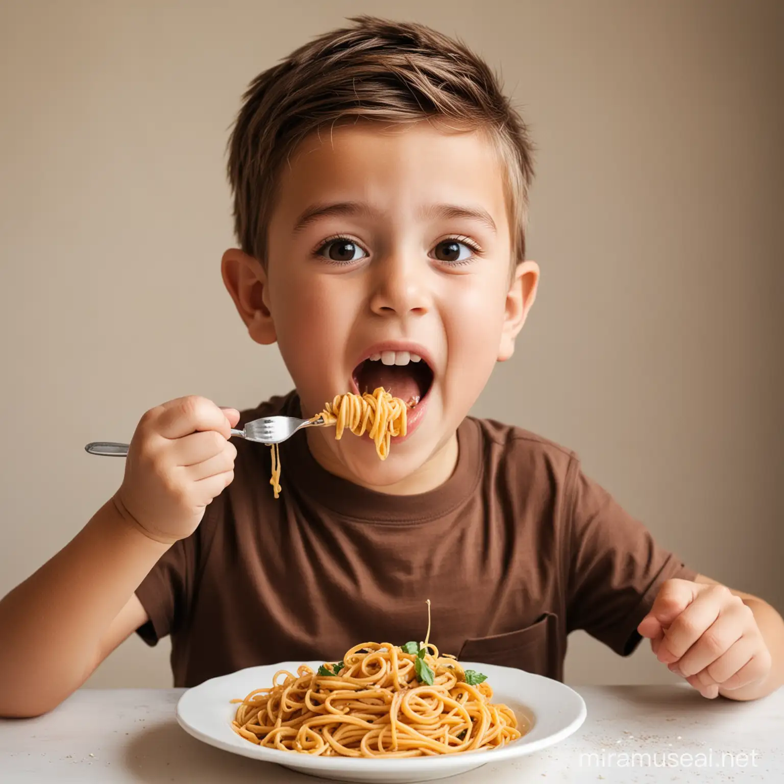 kid in brown t shirt eating pasta