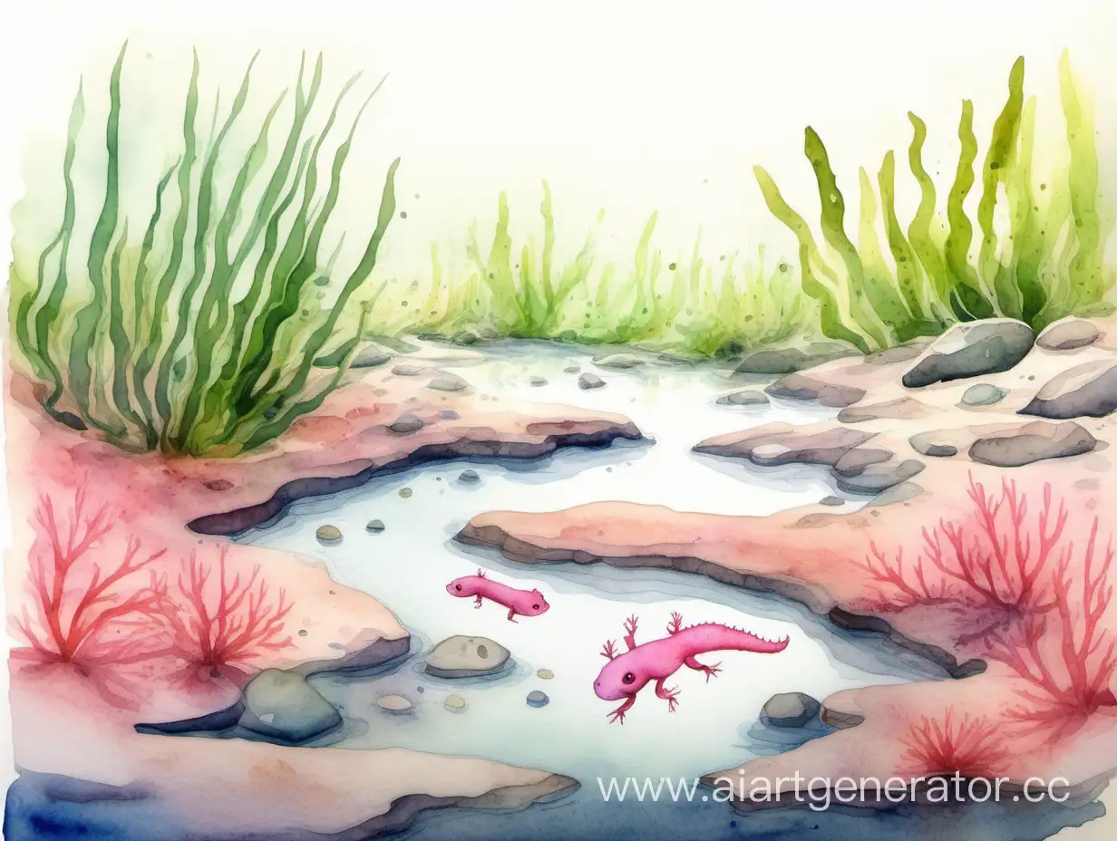 Акварельный пейзаж речного дна с водорослями в центре которого маленький розовый аксолотль  