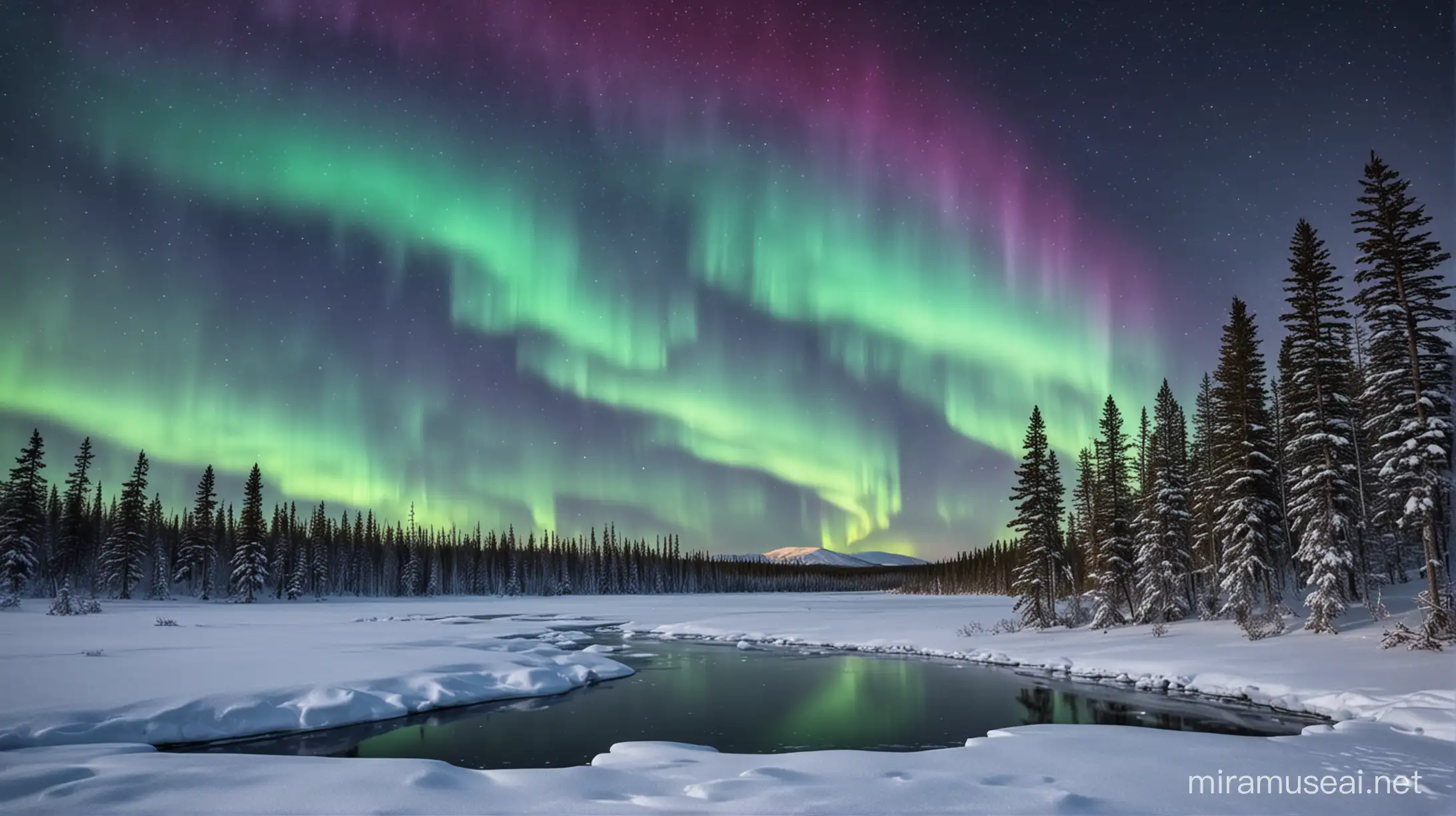 Visualize the Northern Lights dancing across a snow-covered landscape. This scene may include a frozen lake, pine trees weighed down by snow, and the vibrant colors of the northern lights in the night sky.