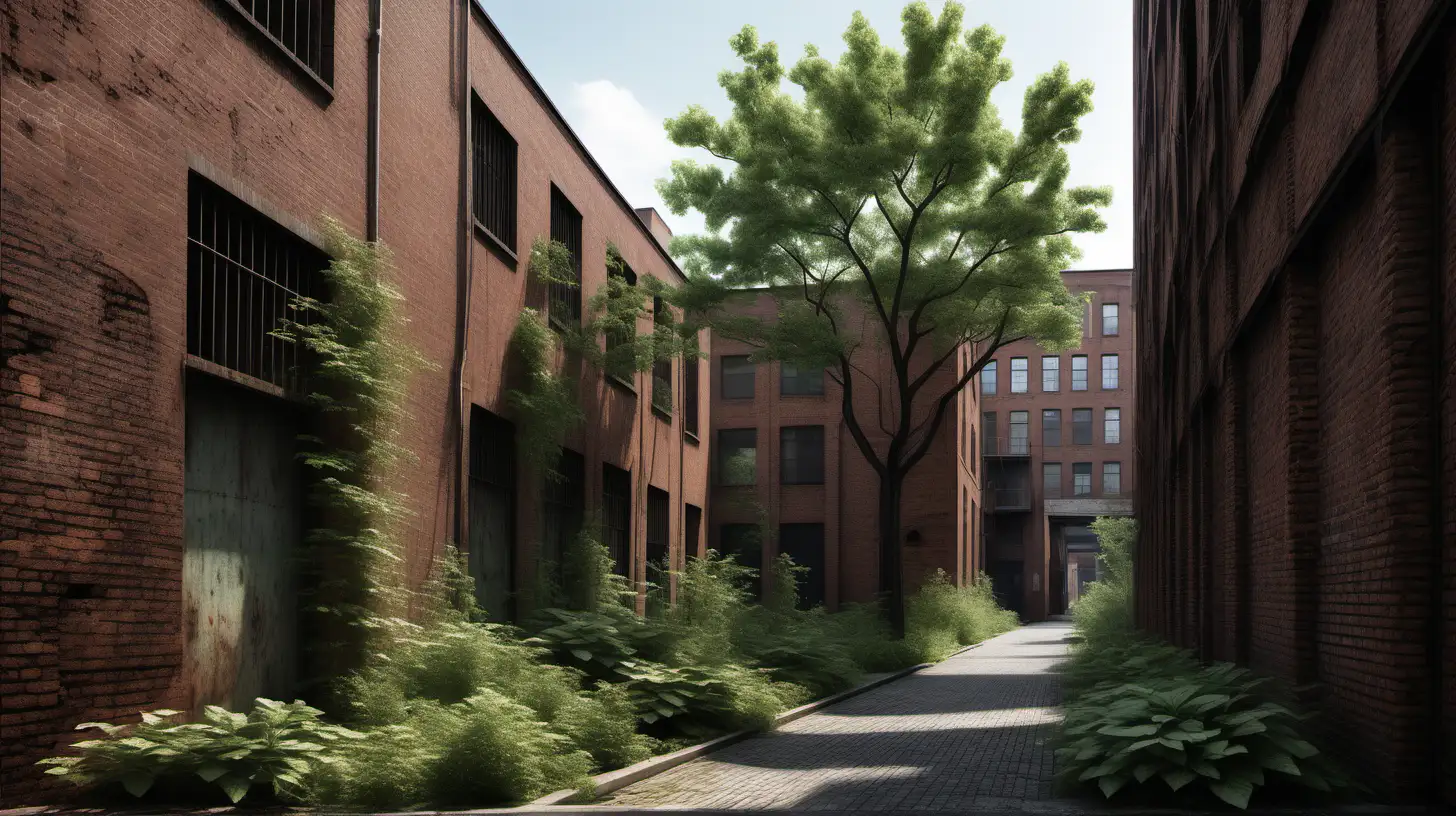 "Amidst the urban labyrinth, capture the essence of a midjourney moment: a narrow backstreet flanked by towering industrial brick buildings, their rugged facades softened by the embrace of plentiful trees. Convey the juxtaposition of nature and industry, inviting the viewer to explore the hidden stories within this urban enclave."