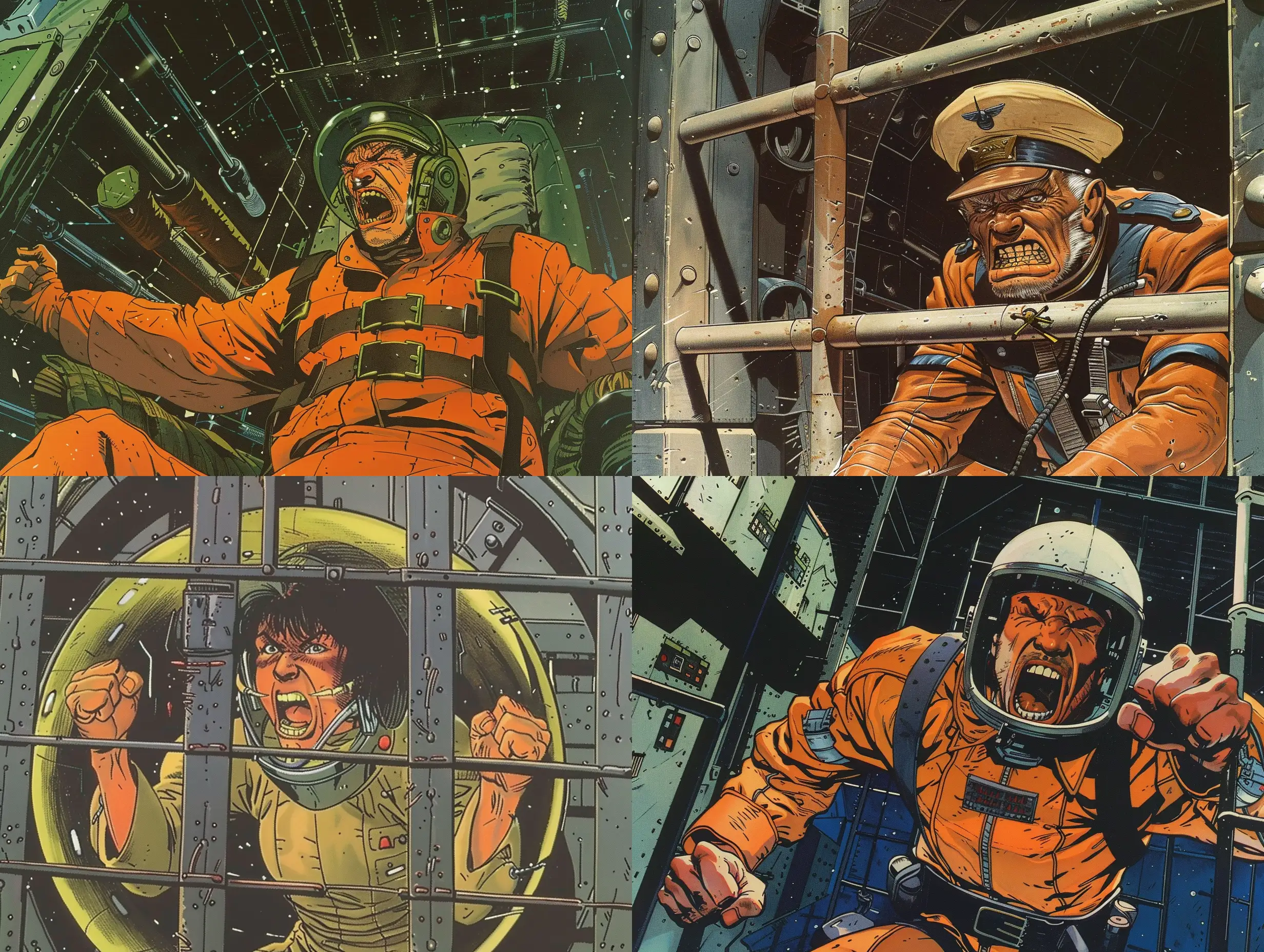 /imagine un capitaine de vaisseau en prison, en colère, style BD francophone, selon artiste Moebius